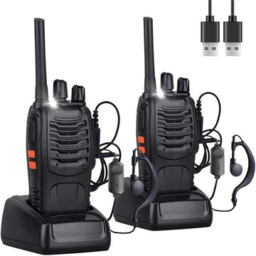 Walkie Talkies Long Range Rechargeable - 2 Pack Two-Way Radios with 16 Channels, LED Light & Earpieces for Adults & Kids - Charging, Audio - Dicrodelights