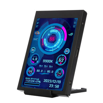 Compact 3.5-inch IPS USB-C secondary screen attached to a gaming PC, showing live CPU/GPU stats and customizable themes.