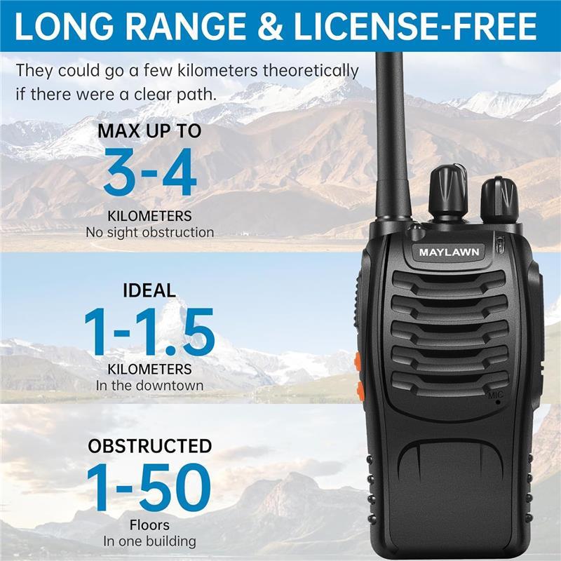 Walkie Talkies Long Range Rechargeable - 2 Pack, 16CH 2-Way Radio with LED Light & Earpieces, VOX Hands-Free, Range up to 4KM - Communication, Audio - Dicrodelights