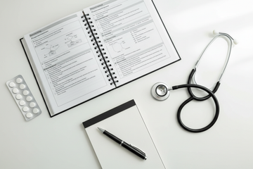 Pharmacology textbook, medication pills, stethoscope, pen and notepad on a white desk — study tools for nursing pharmacology students