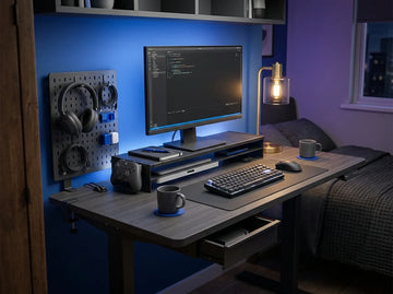 Compact modern desk setup with pegboard, shelf and space-saving desk organisers