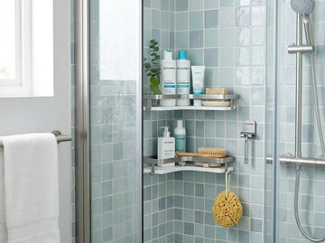 Small modern bathroom with no-drill shower shelves and wall storage organisers