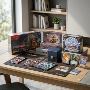 Trading card games collection featuring collectible cards, booster packs, and rare card sets