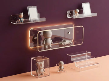 Illuminated collectible display with figurines in acrylic cases and wall shelves