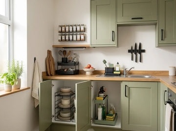 Small modern kitchen with spice racks, under-sink storage and space-saving organisers
