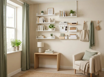 No drill wall storage and adhesive organisers in a modern small flat