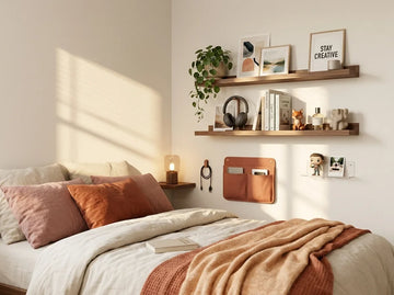Small bedroom upgraded with no-drill shelves, bedside storage and wall displays