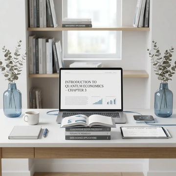 Premium digital learning workspace featuring a laptop, tablet, digital textbooks, study materials, notebooks, and academic resources on a modern white desk, representing eBooks, test banks, and online educational resources.