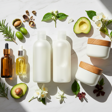A flat-lay arrangement of skincare products on a white marble surface with natural shadows. The products include two tall frosted white bottles, two white jars with light wood lids, an amber dropper bottle, and a small clear bottle with yellow liquid.