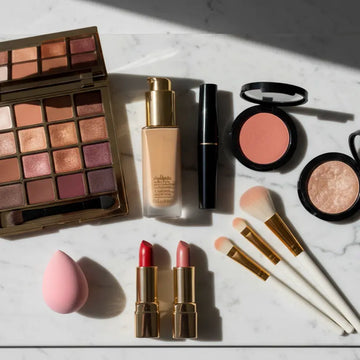 Clean makeup flatlay, no text