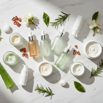 A flat-lay arrangement of skincare products on a white marble surface, including frosted bottles, jars of cream, pump bottles, and botanical props like leaves, rosemary sprigs, and small flowers.