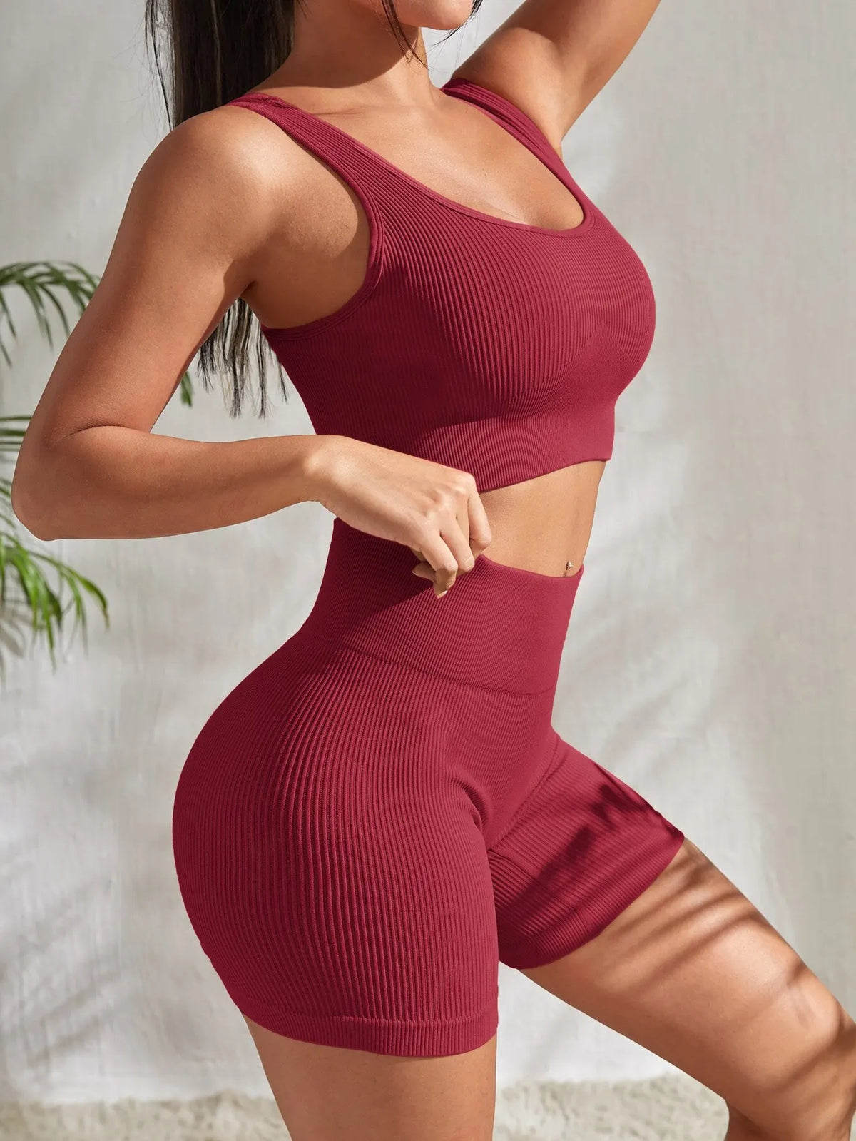 Women's Ribbed Seamless Yoga Set – Seamless Crop Tank & High Waist Shorts
