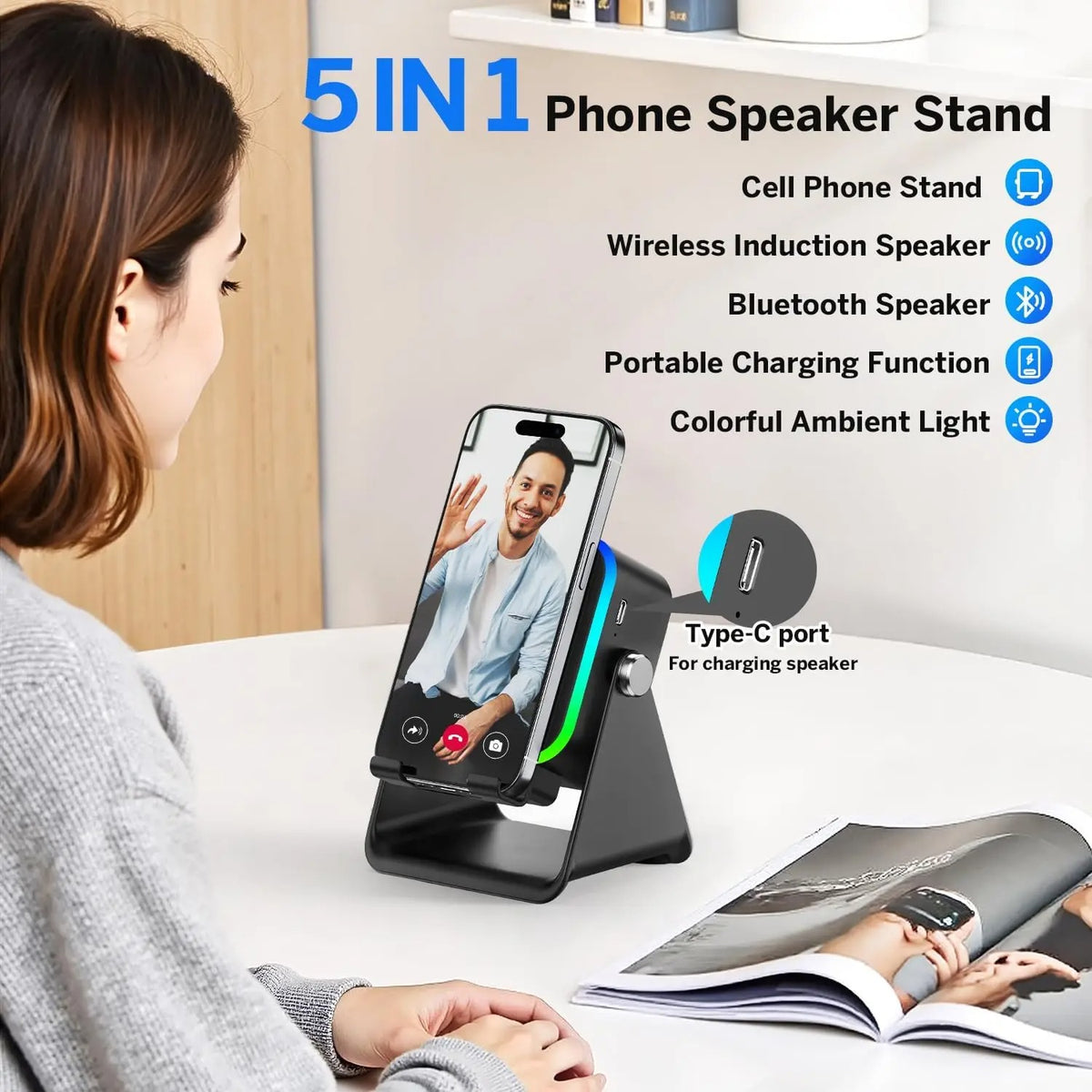 5 In 1 Auto-induction Wireless Speaker 8 RGB Light Phone Stand Surround Sound Portable Bluetooth Phone Holder