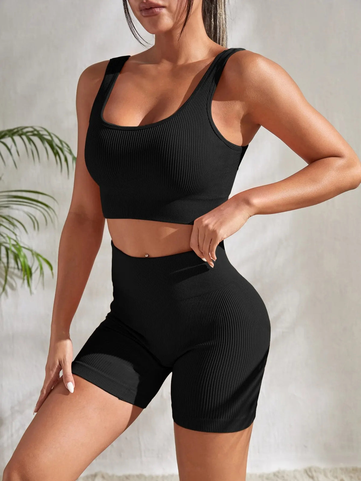 Women's Ribbed Seamless Yoga Set – Seamless Crop Tank & High Waist Shorts