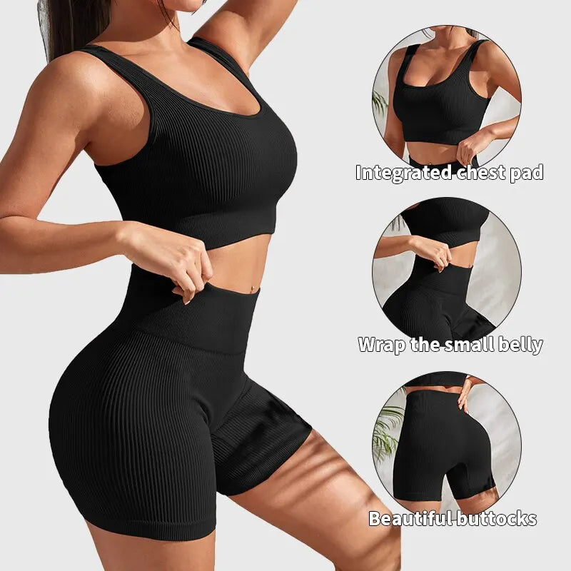 Women's Ribbed Seamless Yoga Set – Seamless Crop Tank & High Waist Shorts