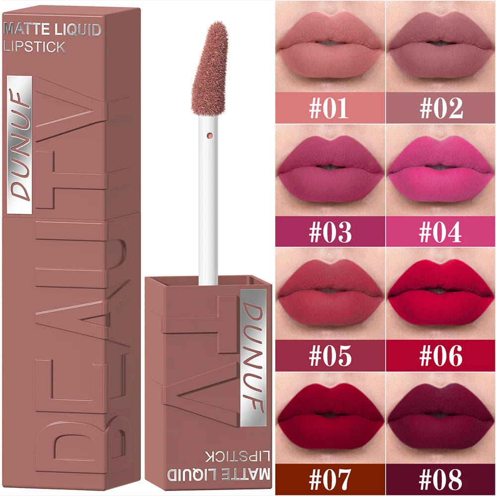 8-Color Matte Velvet Lip Gloss – Waterproof Plumping Lipstick, Smooth Easy-Apply Square Tube