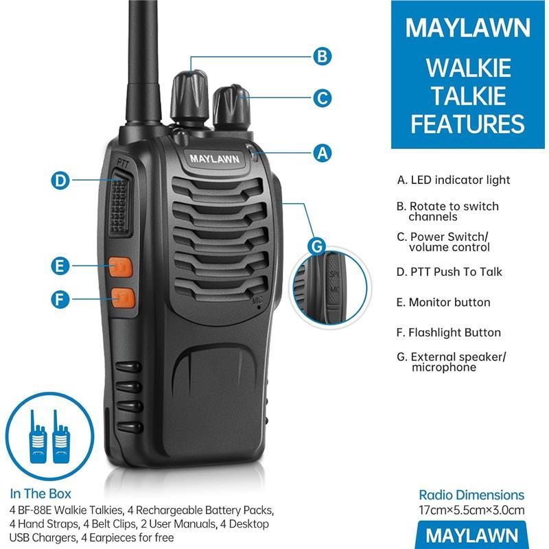 Walkie Talkies Pack of 4, Long Range 16CH Walkie Talkies with LED Light Earpieces and Rechargeable Batteries - Birthday, Audio Set - Dicrodelights