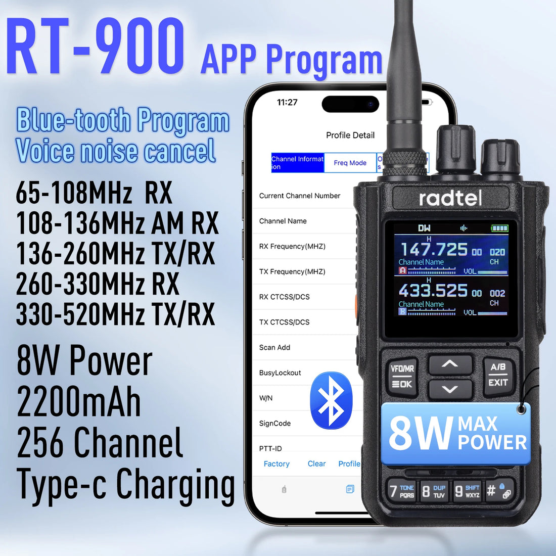 Radtel RT-900 8W Full band Ham Radio Walkie Talkie 256CH Air Band Two Way Radio Station Aviation NOAA Police Marine River PTT - Dicrodelights