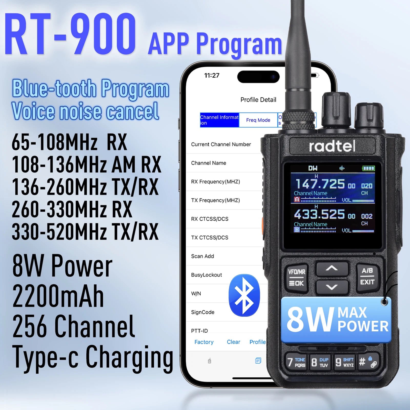 Radtel RT-900 8W Full band Ham Radio Walkie Talkie 256CH Air Band Two Way Radio Station Aviation NOAA Police Marine River PTT - Dicrodelights