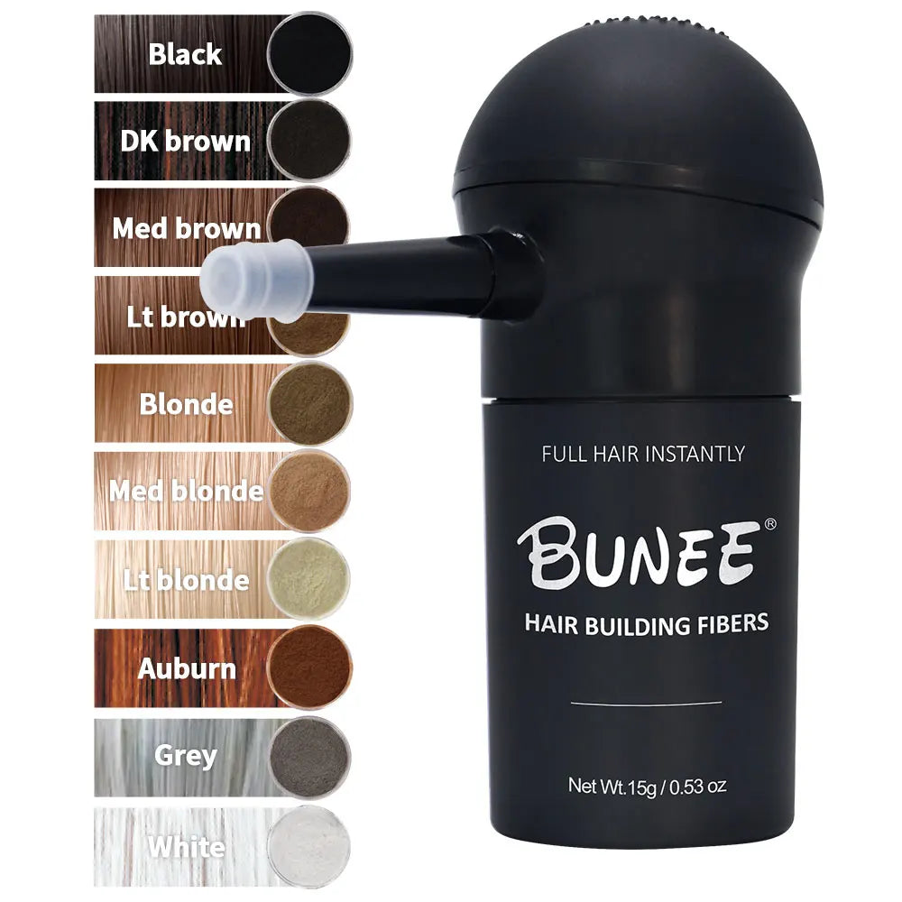"BUNEE Hair Fiber Set 15g: Men's natural hair-dense fibers for balding areas, fills part lines, includes 15g fiber powder
