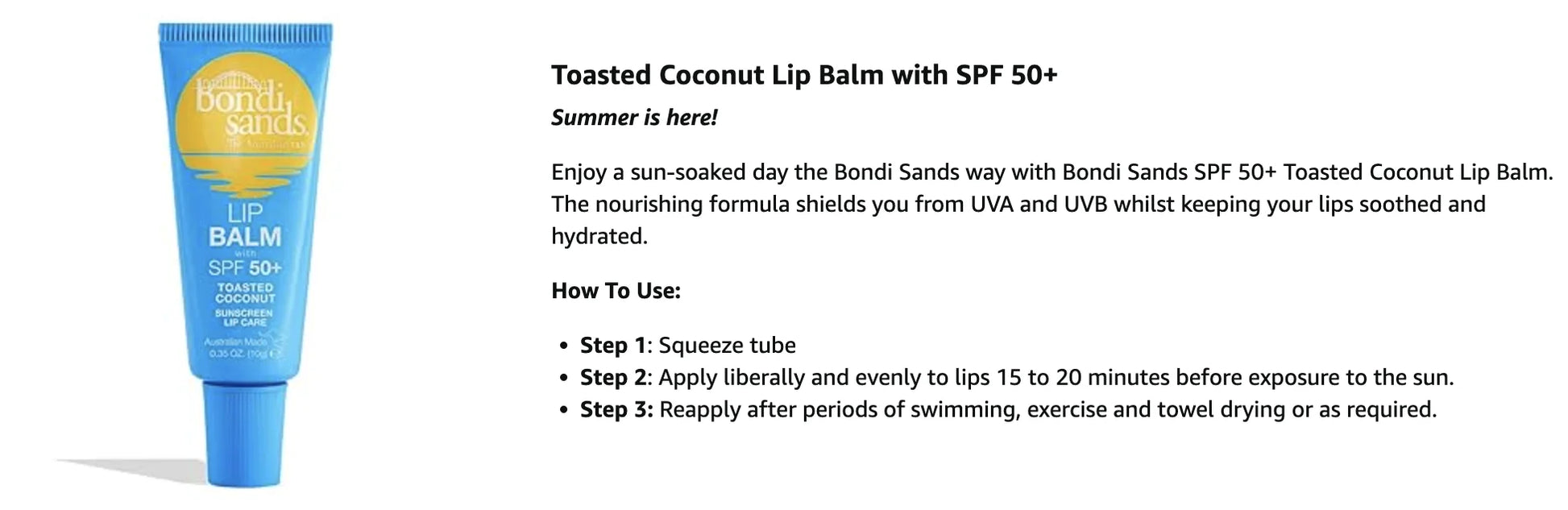 BONDI SANDS LIP BALM SPF50+ COCONUT 10g, Provides UVA+UVB Protection, with Shea Butter, Jojoba Oil, and Vitamin E, Vegan +
