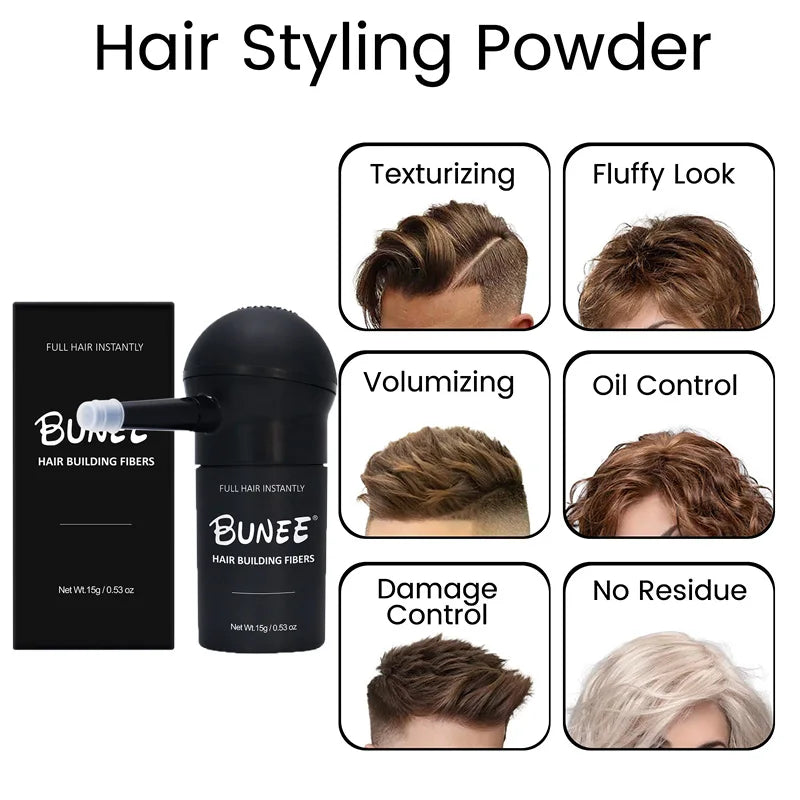 "BUNEE Hair Fiber Set 15g: Men's natural hair-dense fibers for balding areas, fills part lines, includes 15g fiber powder