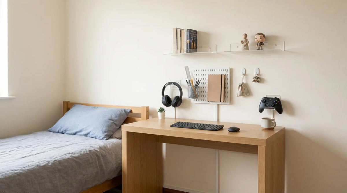 A minimalist bedroom setup featuring a light wood desk next to a single bed with gray bedding and a blue pillow. The wall is decorated with floating shelves, a pegboard with books and accessories, and a black video game controller on the desk.