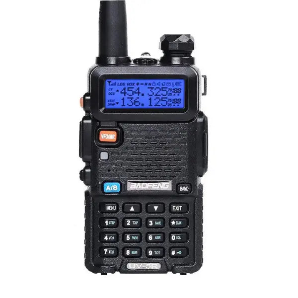 Black walkie-talkie with digital display on a white background
