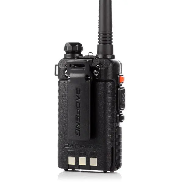 Black walkie talkie with 'BAOFENG' branding on a white background