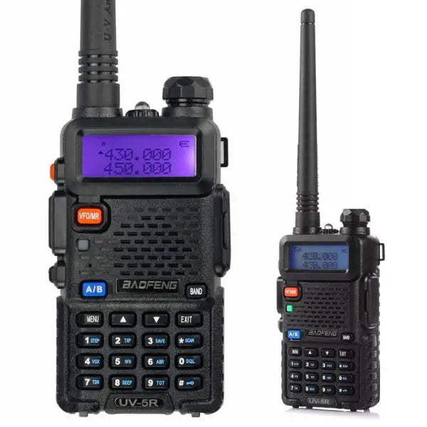 Two black walkie-talkies with digital displays on a white background