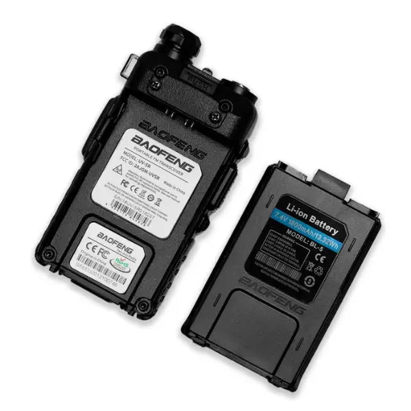 Two black Baofeng batteries on a white background