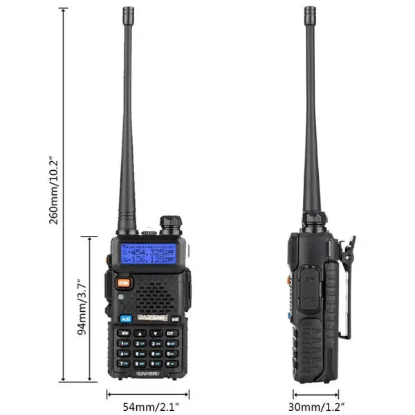 Black walkie-talkie with measurements on a white background