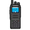 Baofeng DM‑1701 digital walkie talkie showing 1.77-inch TFT screen, antenna, belt clip and sling – dual mode analog & DMR radio