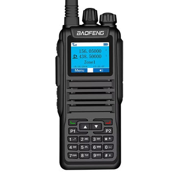 Baofeng DM‑1701 digital walkie talkie showing 1.77-inch TFT screen, antenna, belt clip and sling – dual mode analog & DMR radio