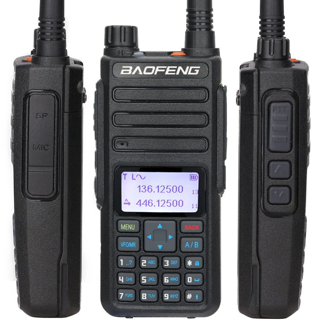 Baofeng DR‑1801 dual‑band DMR walkie‑talkie showing color LCD, rugged design, antenna attached