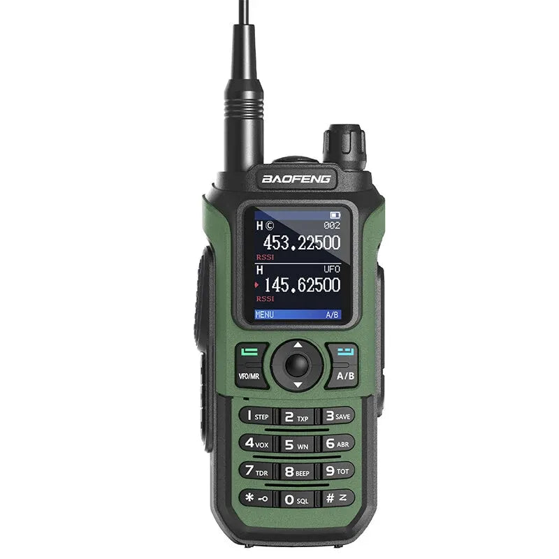 Green walkie-talkie with digital display on a white background