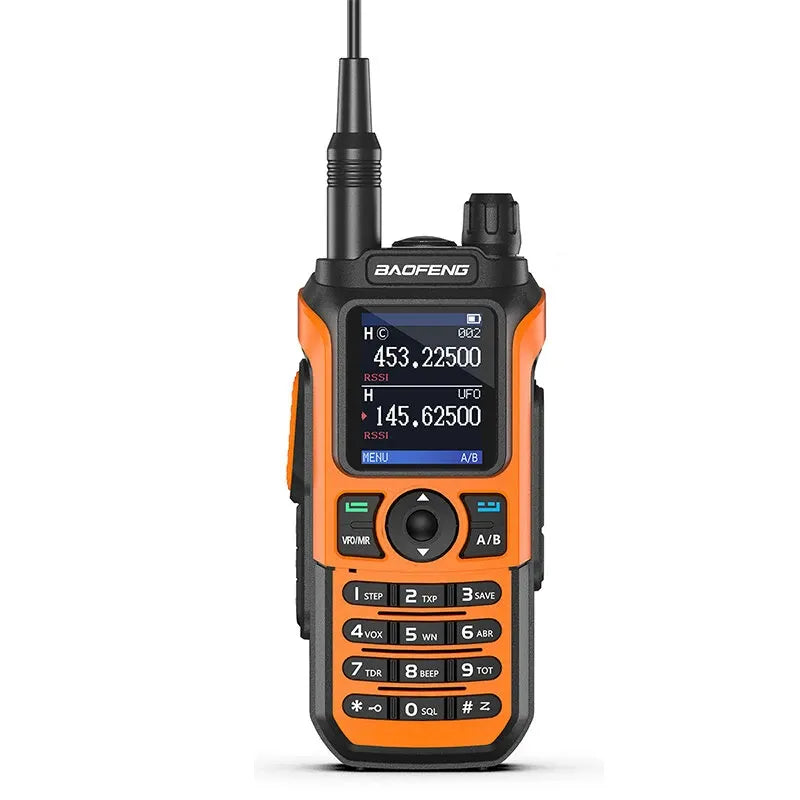 Orange and black walkie-talkie with digital display on a white background