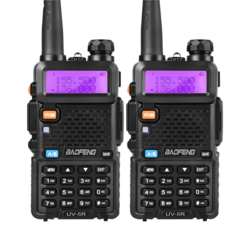 Baofeng UV‑5R dual‑band walkie talkie showing front LCD, antenna attached—long‑range portable VHF/UHF transceiver