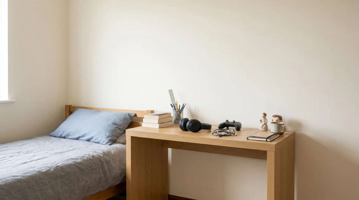 A light wood desk in a minimalist bedroom setting, styled with books, a cup, headphones, a game controller, and small decorative figurines, next to a single bed with a blue pillow.
