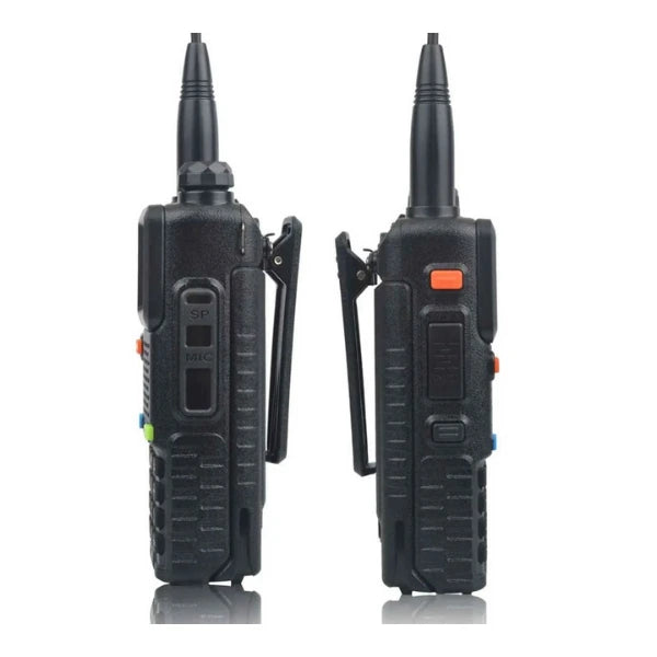 Two black walkie-talkies on a white background