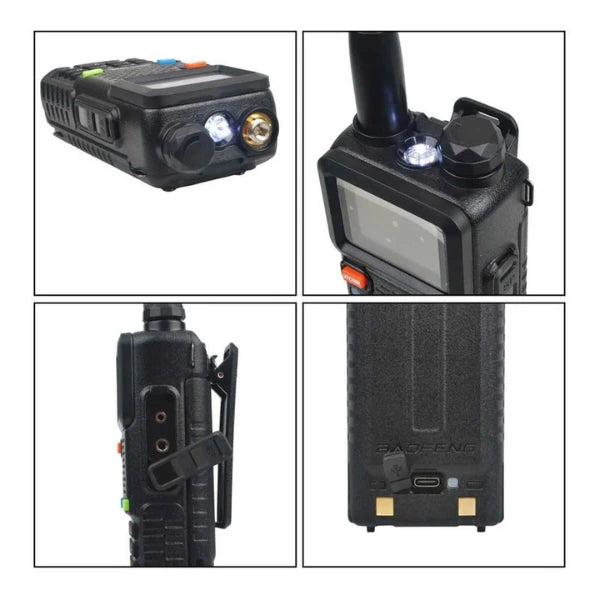 Four views of a black walkie-talkie on a white background