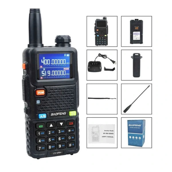 Black walkie-talkie with accessories on a white background