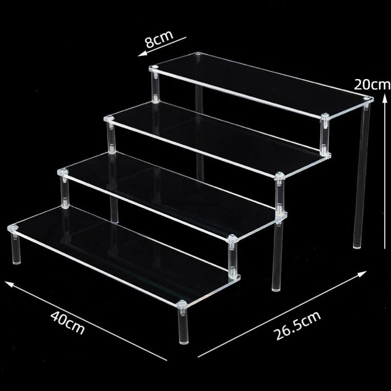 Display Riser Stand for Figures in Clear, Black or Wood Effect 4 tier 40x8cm