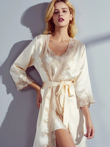 Kimono & Robe Nightgown Female 100% Silk Two-piece Set Sleepwear New Silk Pajamas Women Pyjamas Female Summer Sexy Nightdres