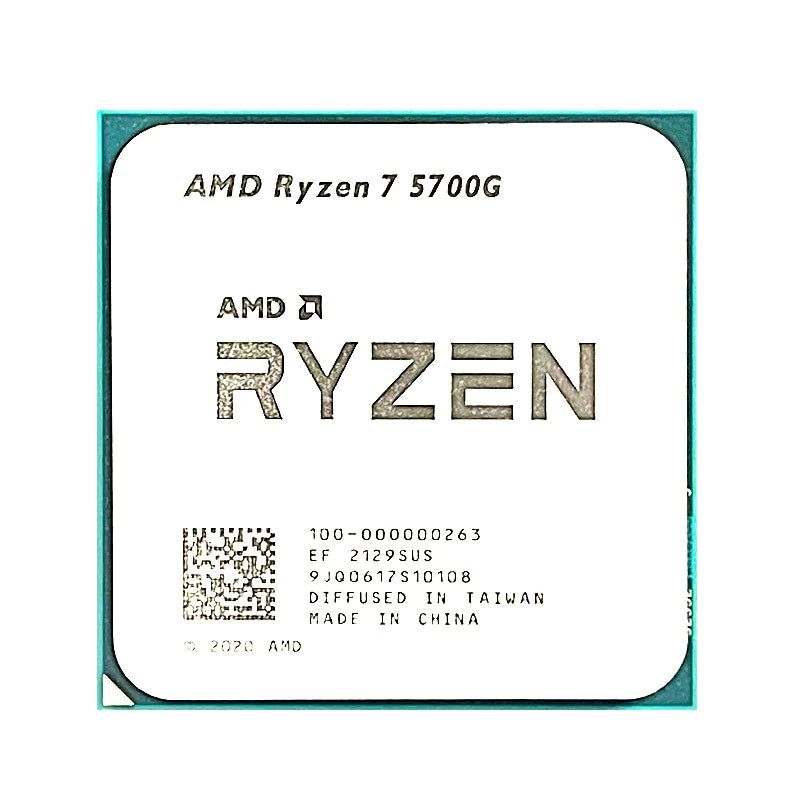 AMD Ryzen 7 5700G 8-Core 16-Thread AM4 desktop processor with integrated Radeon graphics displayed on a plain background.