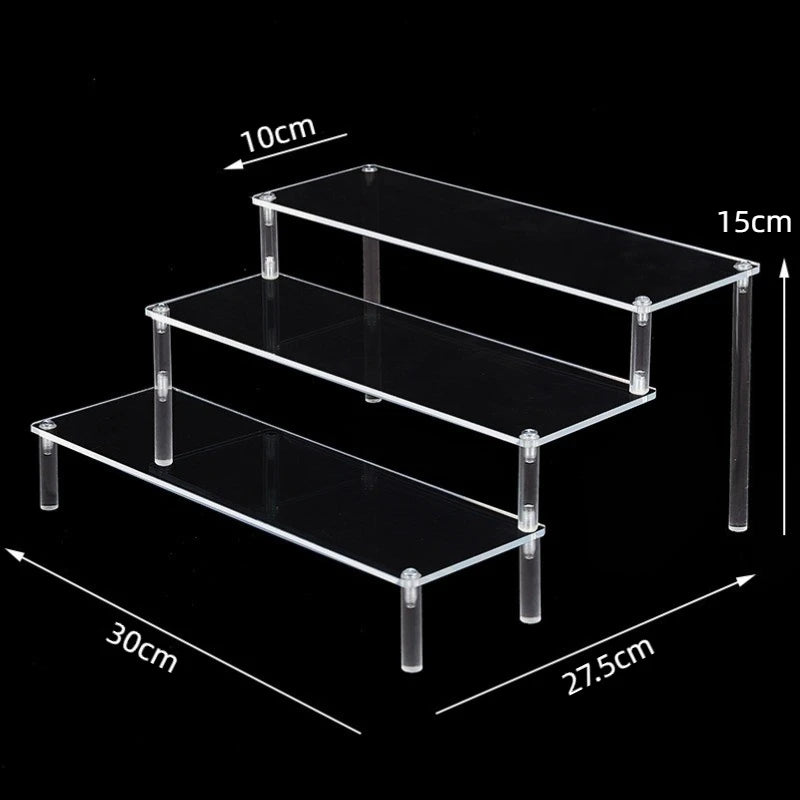 Display Riser Stand for Figures in Clear, Black or Wood Effect 3 tier 30x10cm