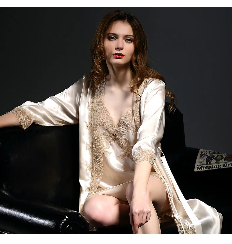 Kimono & Robe Nightgown Female 100% Silk Two-piece Set Sleepwear New Silk Pajamas Women Pyjamas Female Summer Sexy Nightdres