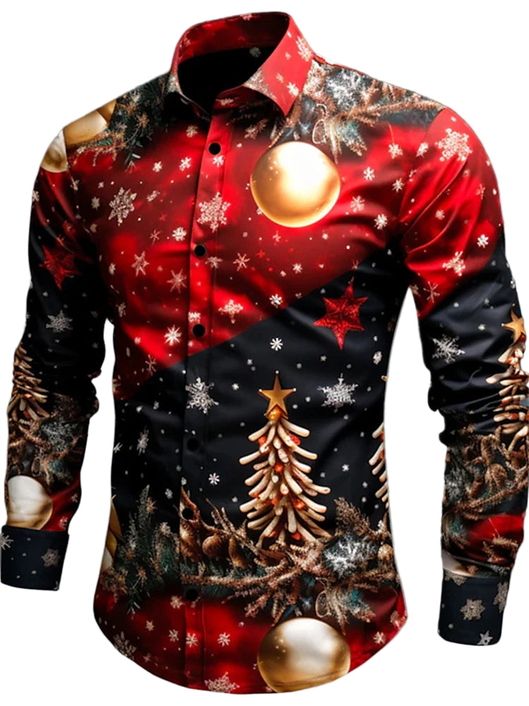 Men’s 3D Christmas printed long sleeve shirt in festive colors featuring Harajuku streetwear design, casual winter fashion for men