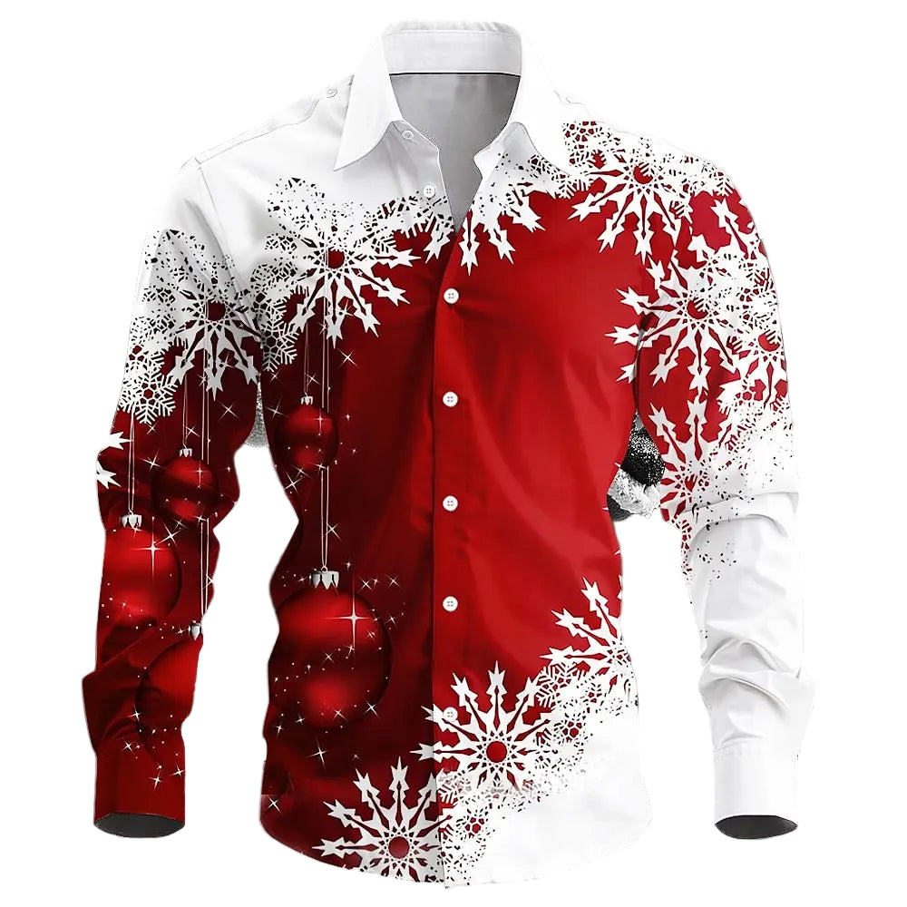 Men’s Christmas casual flannel shirt with long sleeves, turn-down collar, button-front design, festive printed pattern, and comfortable outdoor fit.