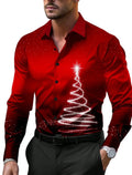 Men’s Christmas shirt with Christmas trees and snowflake gradient print, long sleeve festive button-up for holiday fashion